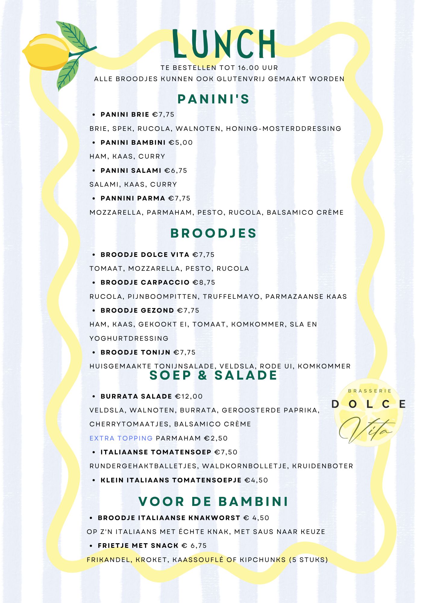 Lunch menu Brasserie Dolce Vita