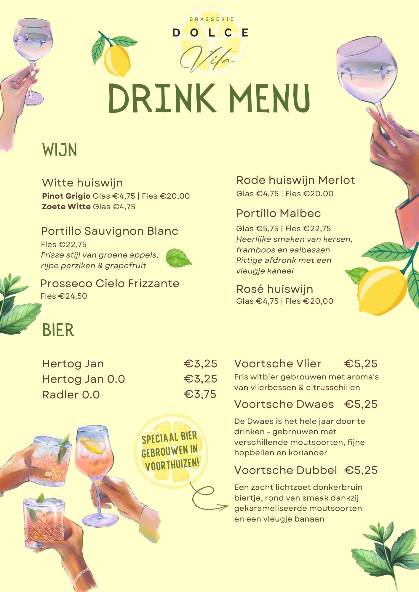 Wijn en bier menu Brasserie Dolce Vita