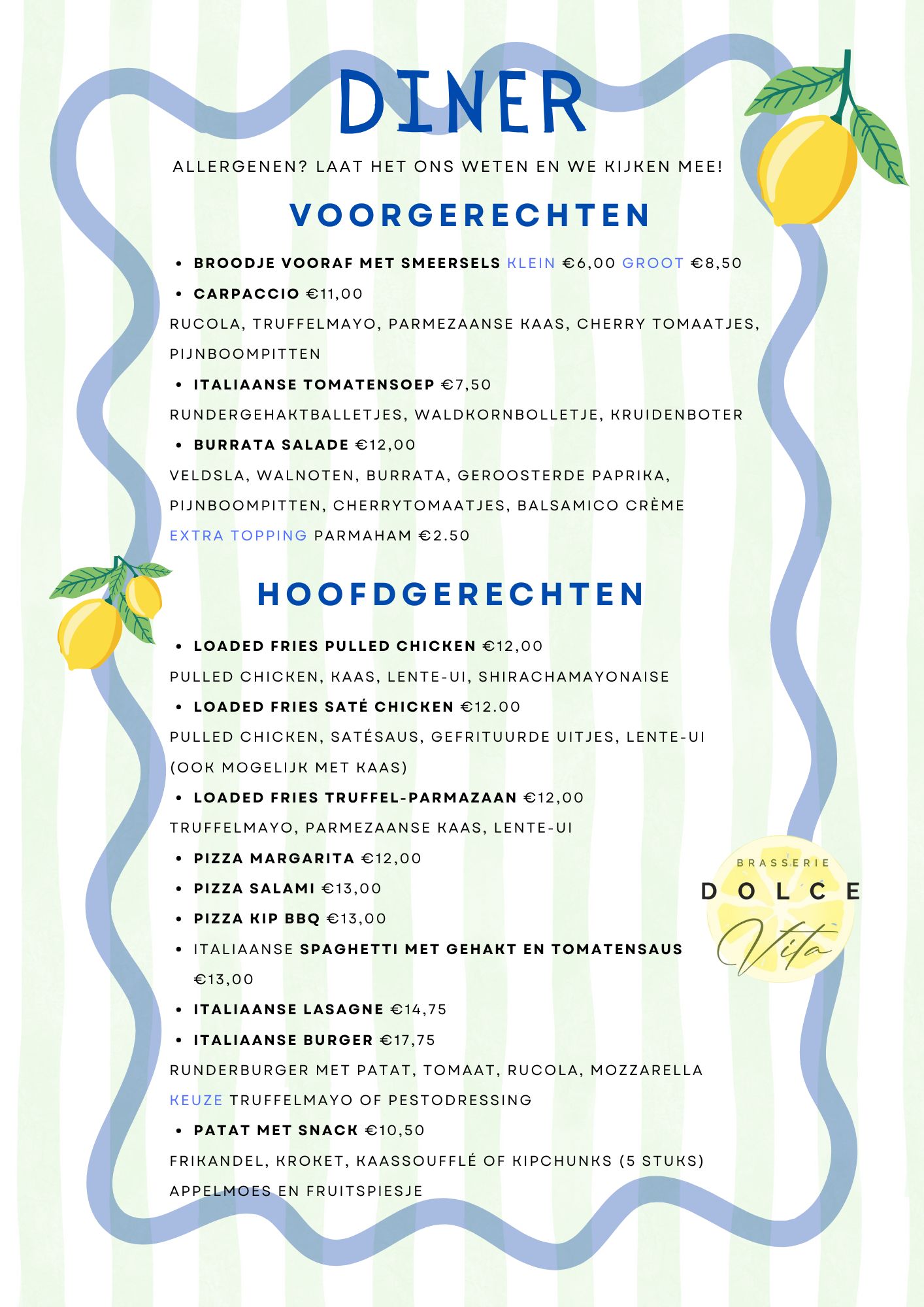 Diner menu Brasserie Dolce Vita