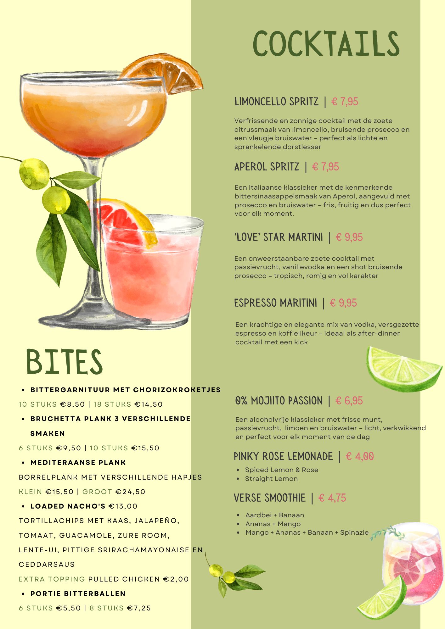 Cocktails en bites menu Brasserie Dolce Vita